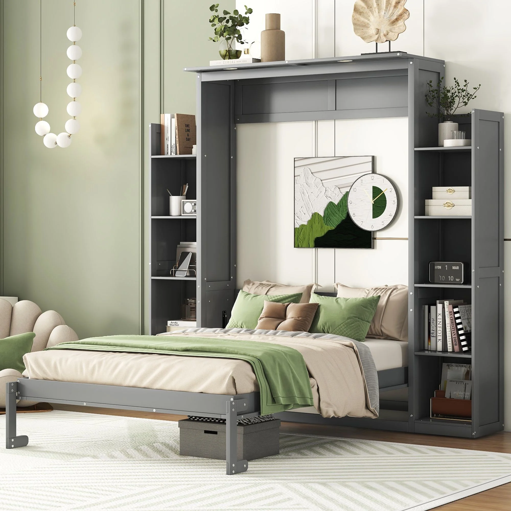 Practical Design Solid Wood Bed Frame Murphy Bed Wall Bed with Shelves and LED Lights, Platform Bed Frame, Mid Century Bedframe, Wood Foundation(Gray
