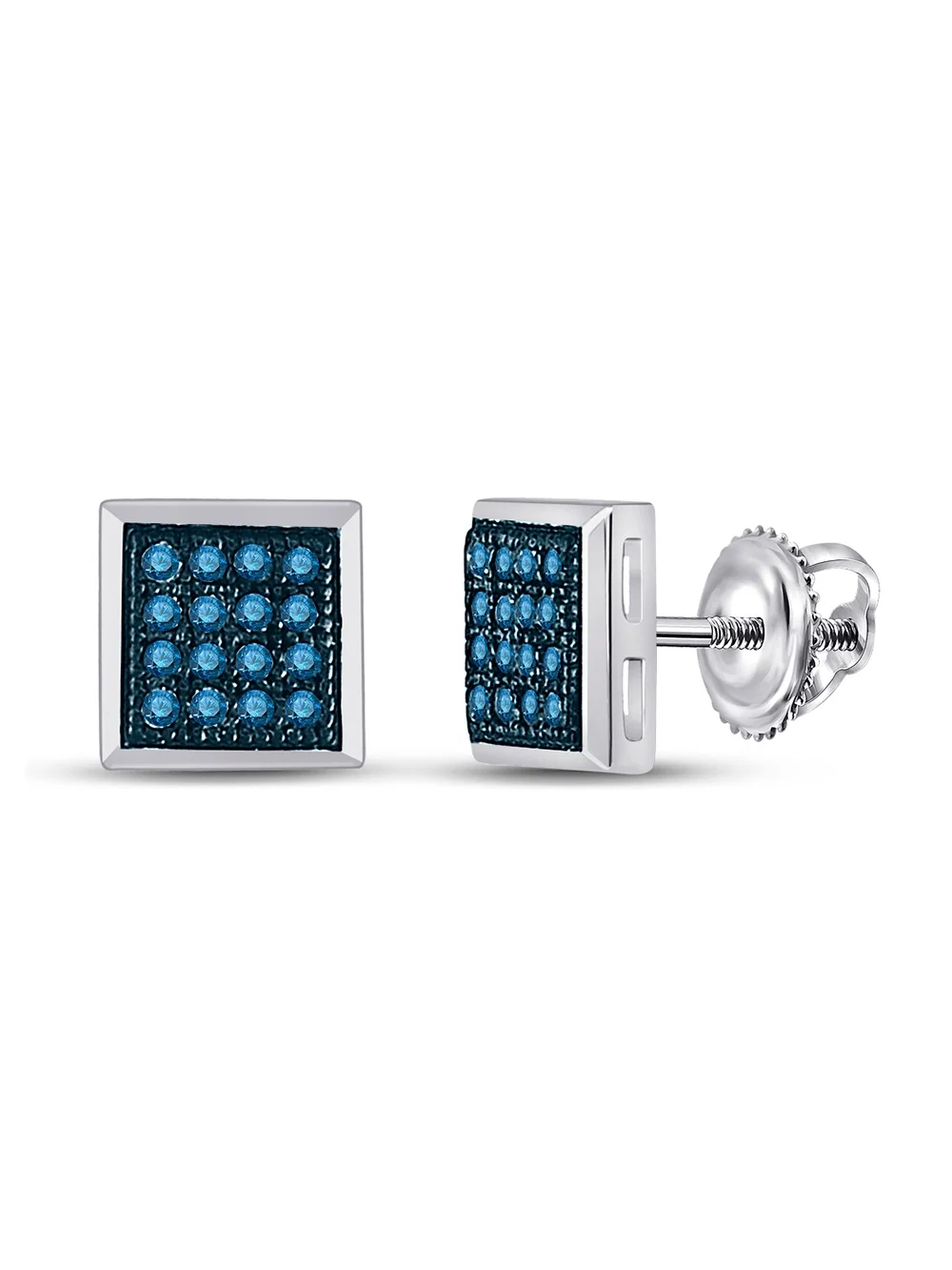 10k White Gold Womens Blue Color Enhanced Diamond Square Cluster Stud Earrings 1/10 Cttw