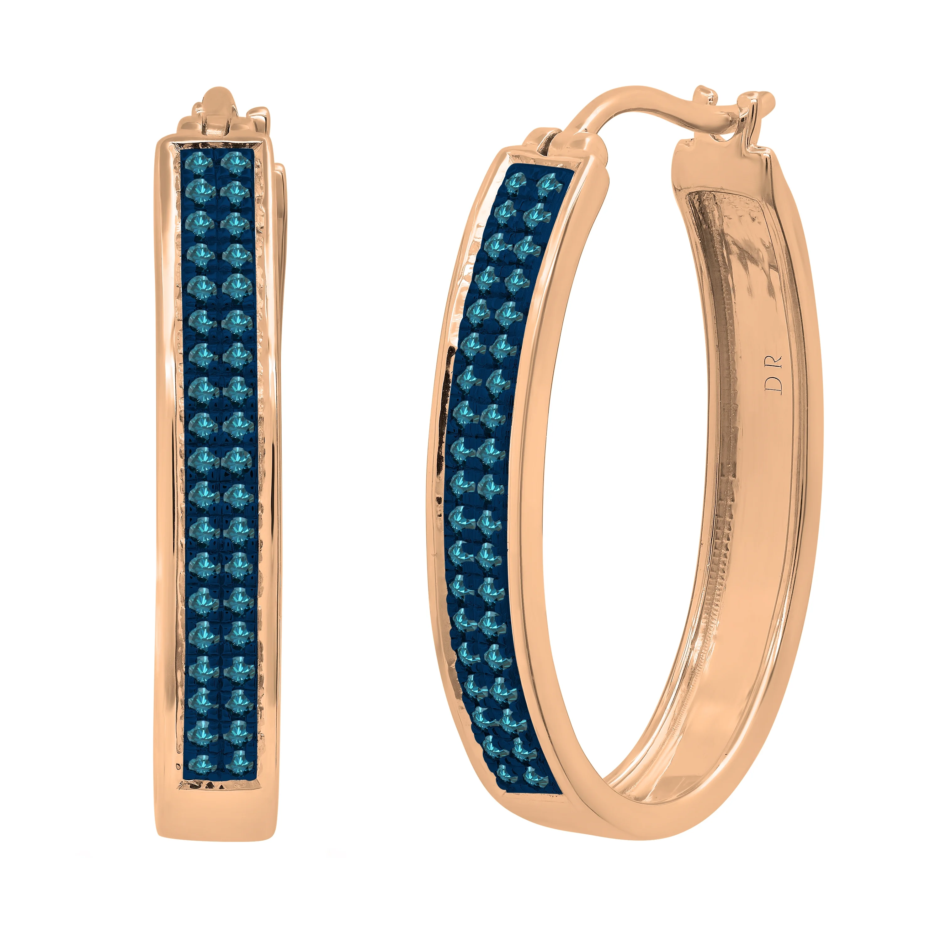 Dazzlingrock Collection Round Blue Diamond Two Lines Oval Shaped Hoop Earrings for Women (0.54 ctw, Color Blue, Clarity I2-I3) in 18K Rose Gold