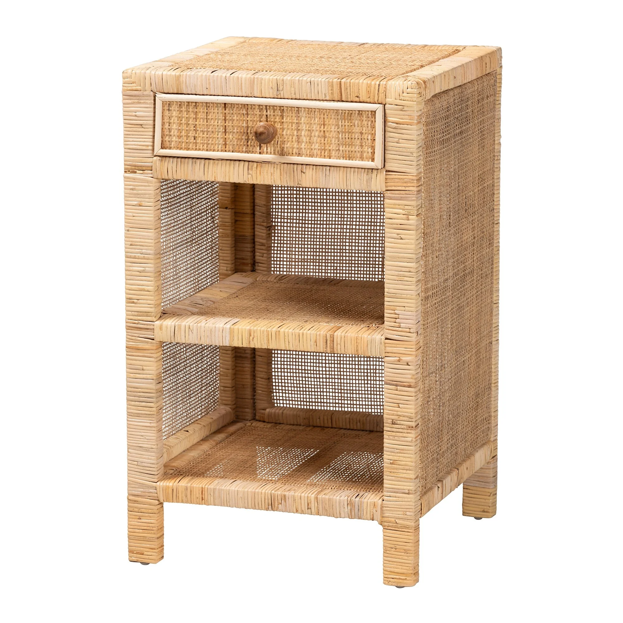 bali & pari Bella Modern Bohemian Natural Brown Mahogany Wood and Natural Rattan 1-Drawer Nightstand
