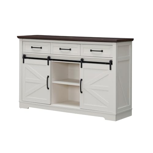Farmhouse Buffet Cabinet with Storage, 53” Sideboard Cabinet w/2 Doors and 3 Drawers, Rustic Storage Cabinet w/Sliding Barn Door