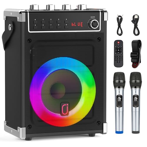 JYX Karaoke Machine with 2 UHF Wireless Microphones, Bass/Treble Bluetooth Speaker with LED Light, Support TWS, AUX In, FM, REC