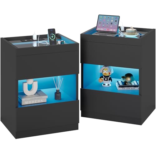 VIAGDO Set of 2 Nightstands with Charging Station and LED Lights, LED Night Stand Set 2 with 2 Drawers and Drawer Organizer