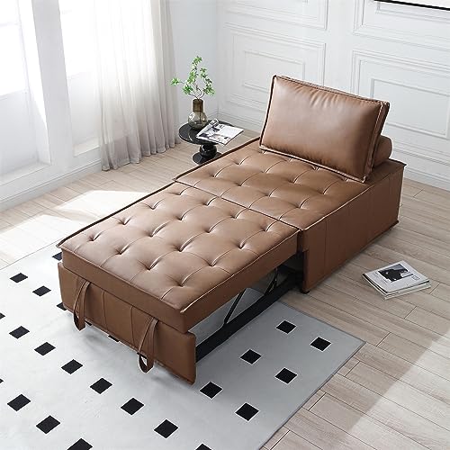 Senviy PU Leather Convertible Sofa Bed with Pillow and Button Tufted, Pull-Out Sleeper Single Sofabed Leisure Sofa Chair for Office, Living Room