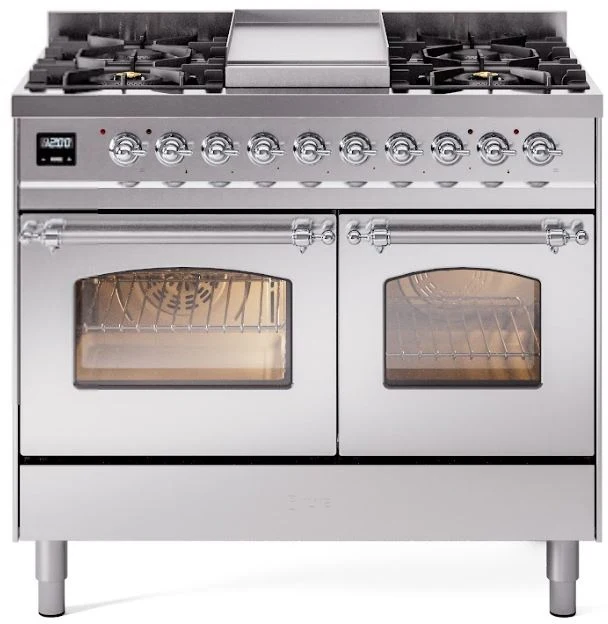 ILVE Nostalgie II 40 Dual Fuel Natural Gas Range in Stainless Steel with Chrome Trim, UPD40FNMPSSC