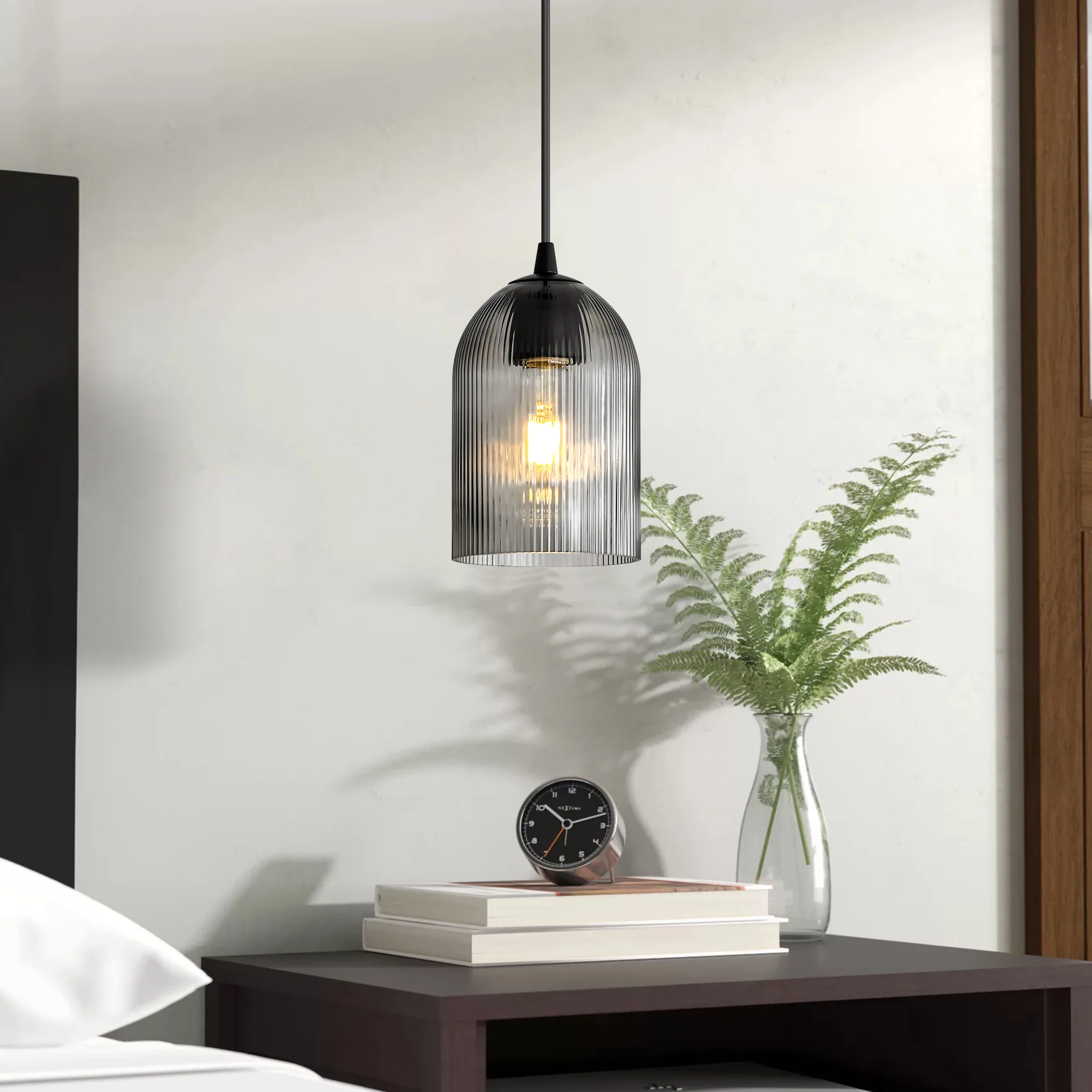 1-Light Dimmable Ribbed Glass Industrial Shaded Pendant (5)