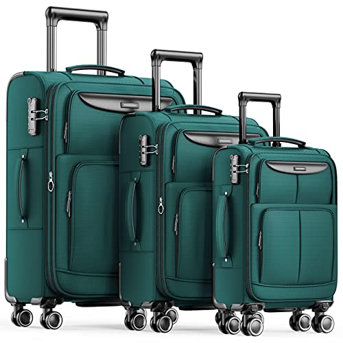 SHOWKOO Luggage Sets 3 Piece Softside Expandable Lightweight Durable Suitcase Sets Double Spinner Wheels TSA Lock Armygreen (20in/24in/28in)
