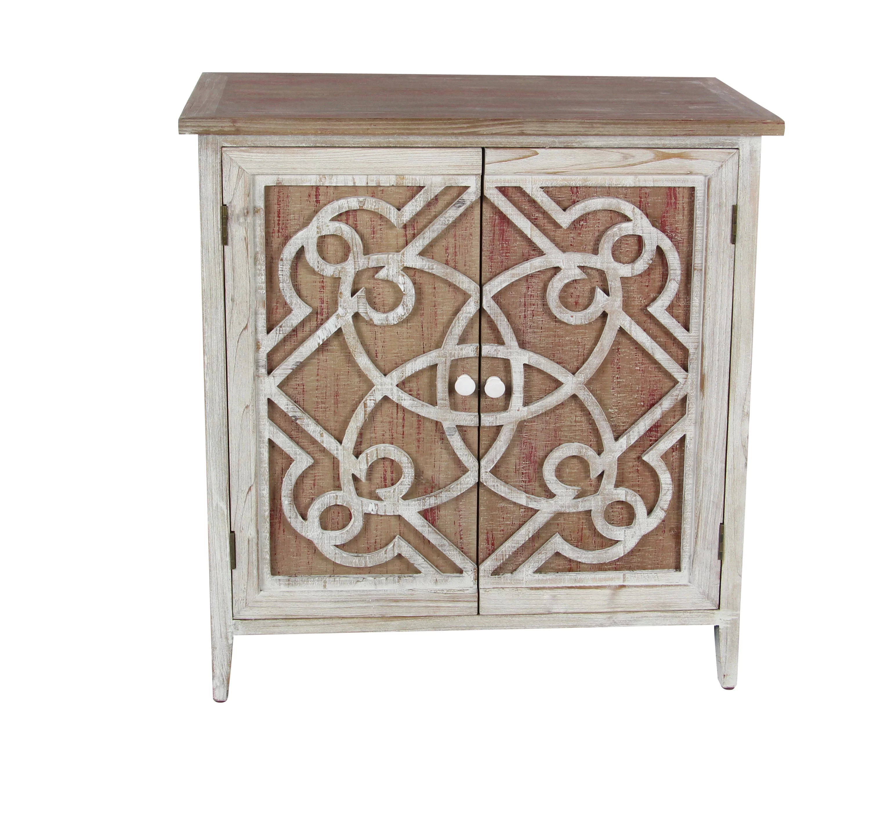 DecMode 28" x 31" Light Brown Wood 1 Shelf and 2 Door Geometric Cabinet with Carved Relief Overlay, 1-Piece