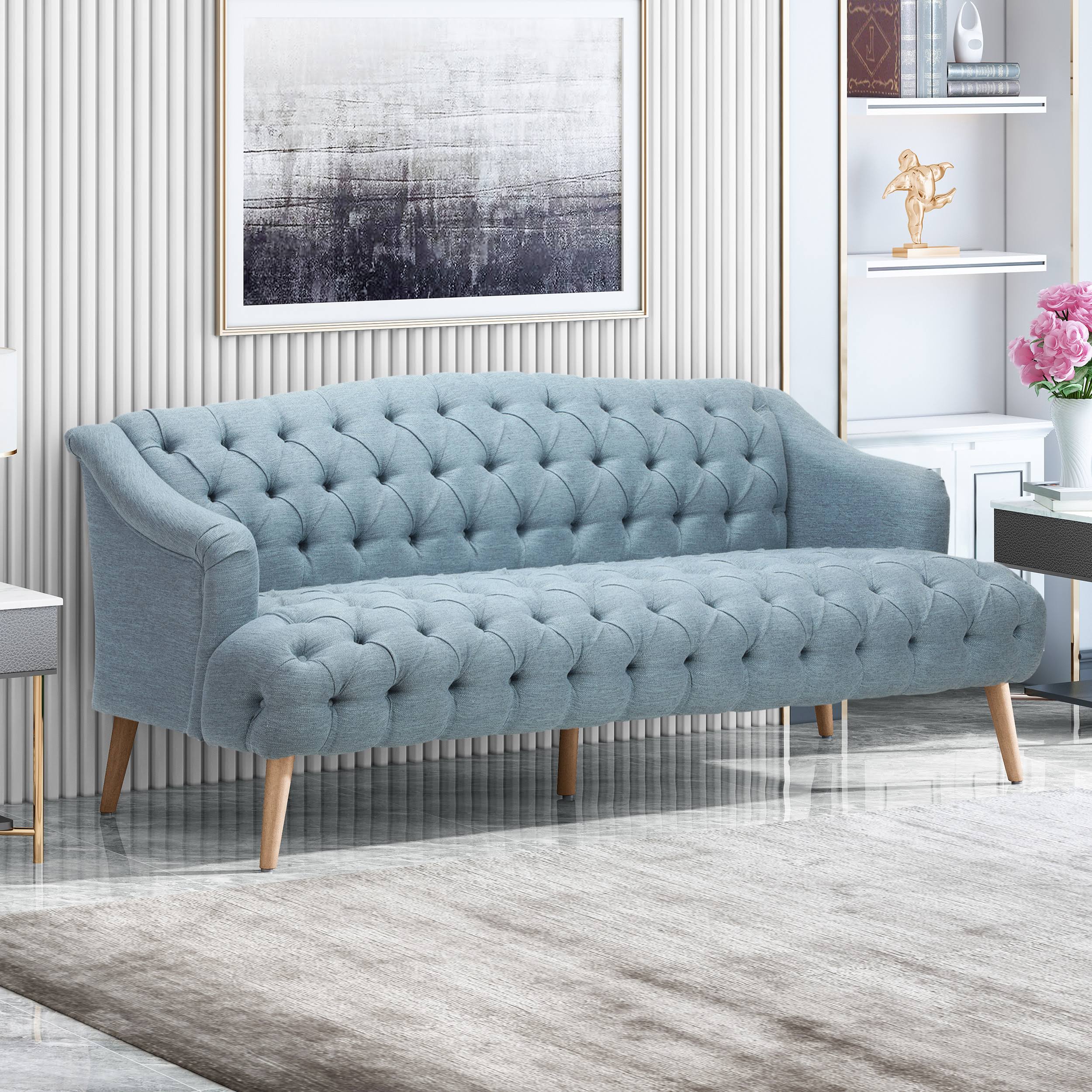 Erin Contemporary Tufted Fabric 3 Seater Sofa, Light Blue and Natural