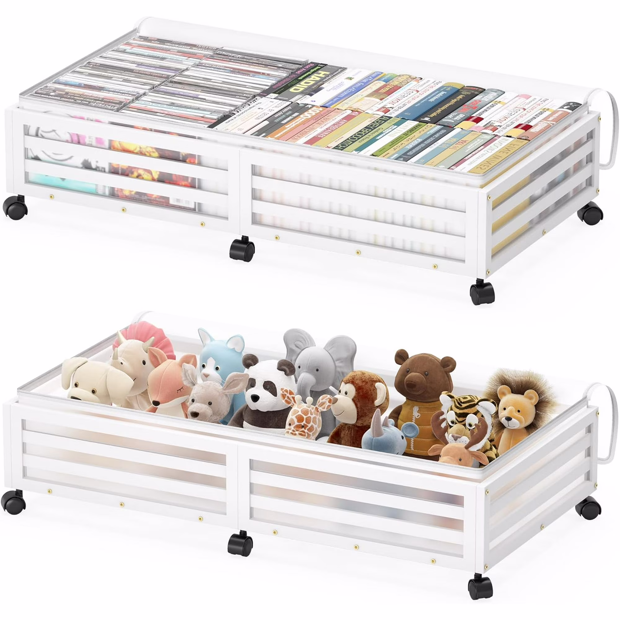 Under Bed Storage Containers With Wheels - 2 Pcs Bamboo Wood Rolling Shoe Storage Bins With Dust Bags for Clothes Blankets