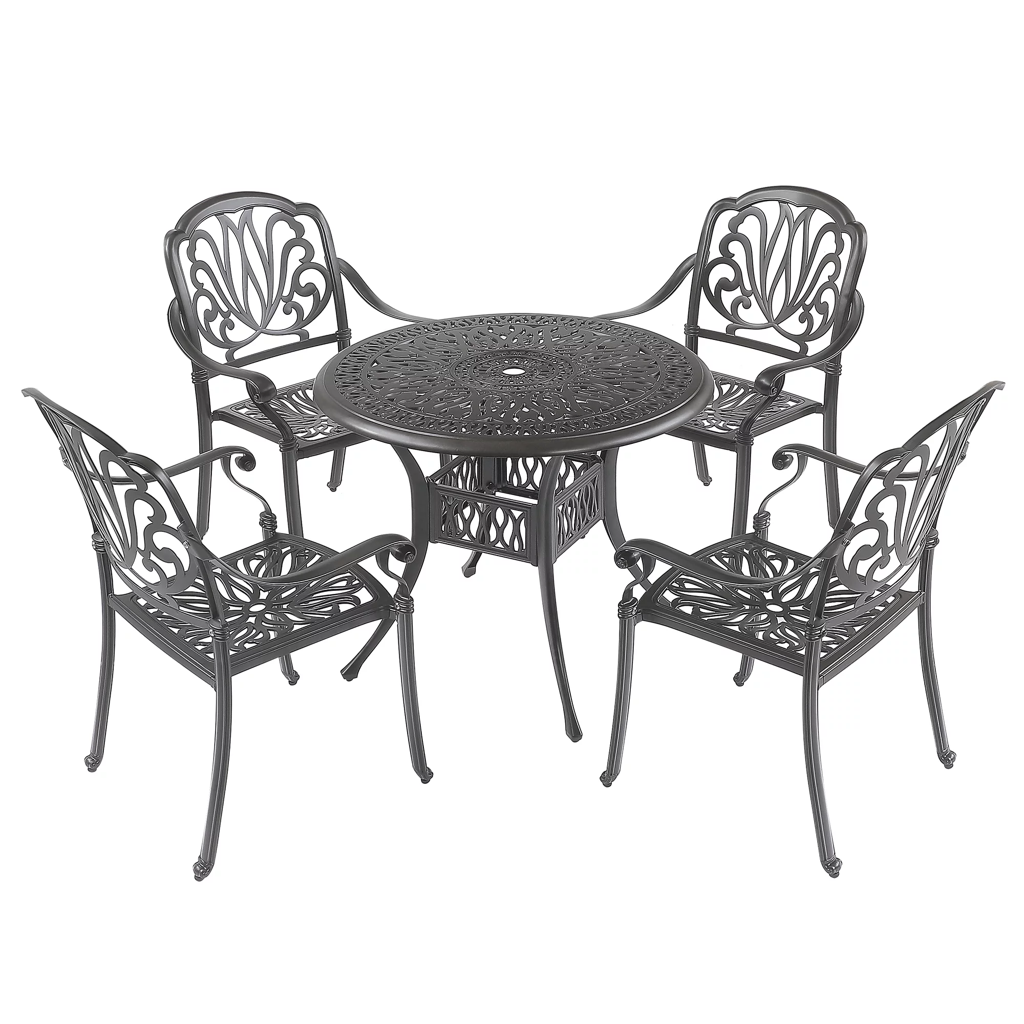 5Pcs Outdoor Furniture Dining Table Set All-Weather Cast Aluminum Patio Furniture Includes 1 Round Table and 4 Chairs with Umbrella Hole for Patio
