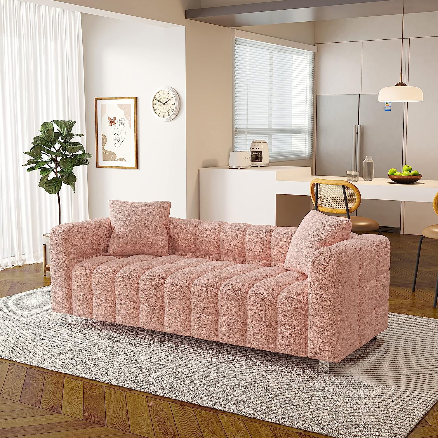 SZLIZCCC 80" Pink Teddy Velvet Sofa, Upholstered Tufted 3 Seater Couch with Two Pillows