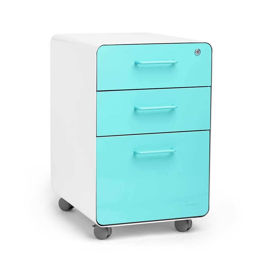Poppin Stow 3-Drawer File Cabinet wCasters, White + Aqua | Quill
