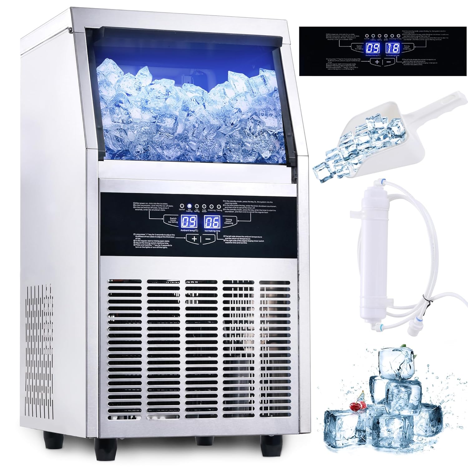 Ice Maker, Commercial Ice Maker Machine 120-130LBS/24H with 28LBS Storage Bin, Freestanding/Under Counter Ice Machine for Home/Party/Bar/Restaurant