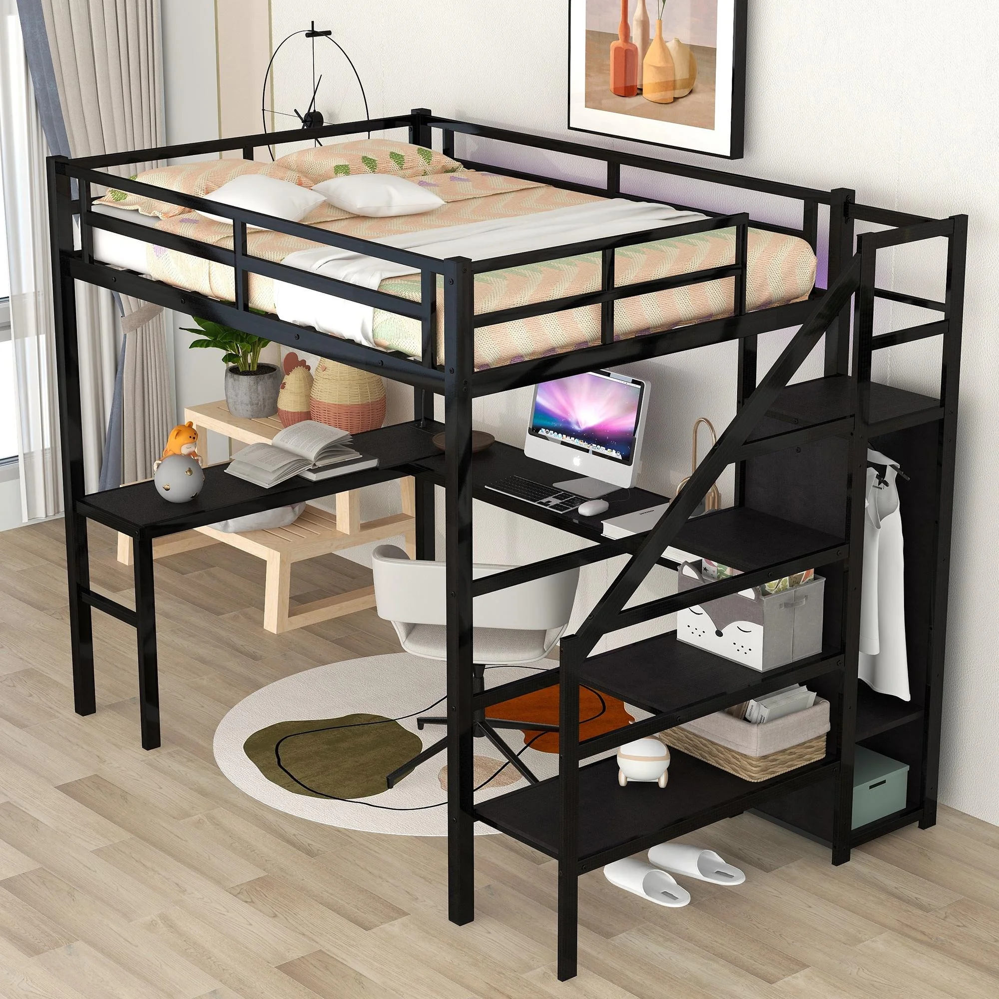 Full Size Loft Bed with Desk and Stairs, Metal Loft Bed Frame with Wardrobe and USB Charging Station