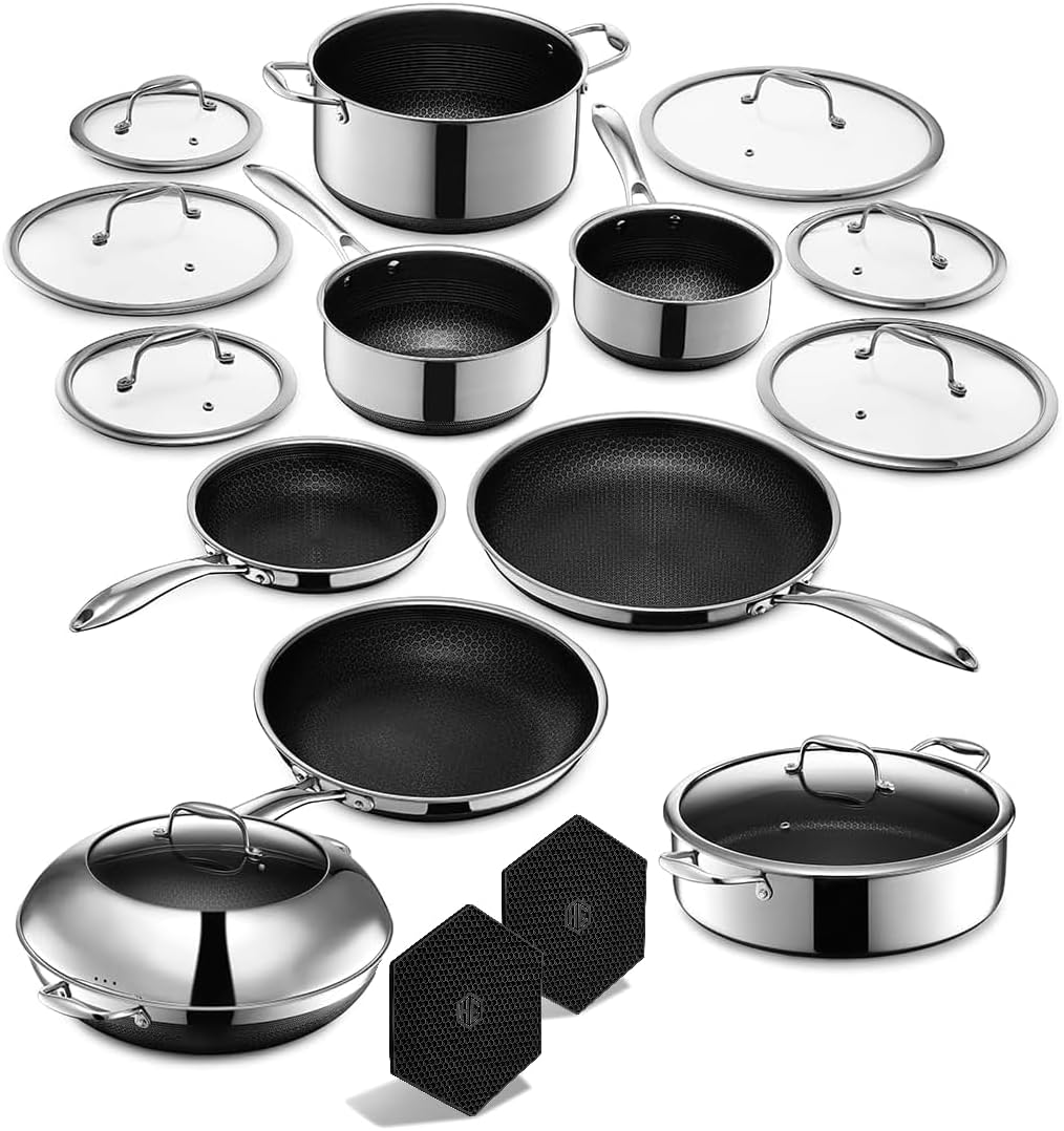 HexClad 16 Piece Hybrid Stainless Steel Cookware Set - 6 Piece Pan Set, 6 Piece Pot Set, 7 Quart Deep Fryer and 14 Inch Wok, Stay Cool Handles