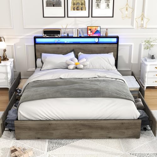 Full Size Bed Frame with Headboard, LED Platform Bed with 4 Storage Drawers, Built in Charging Station, Noise-Free, Metal Support Base