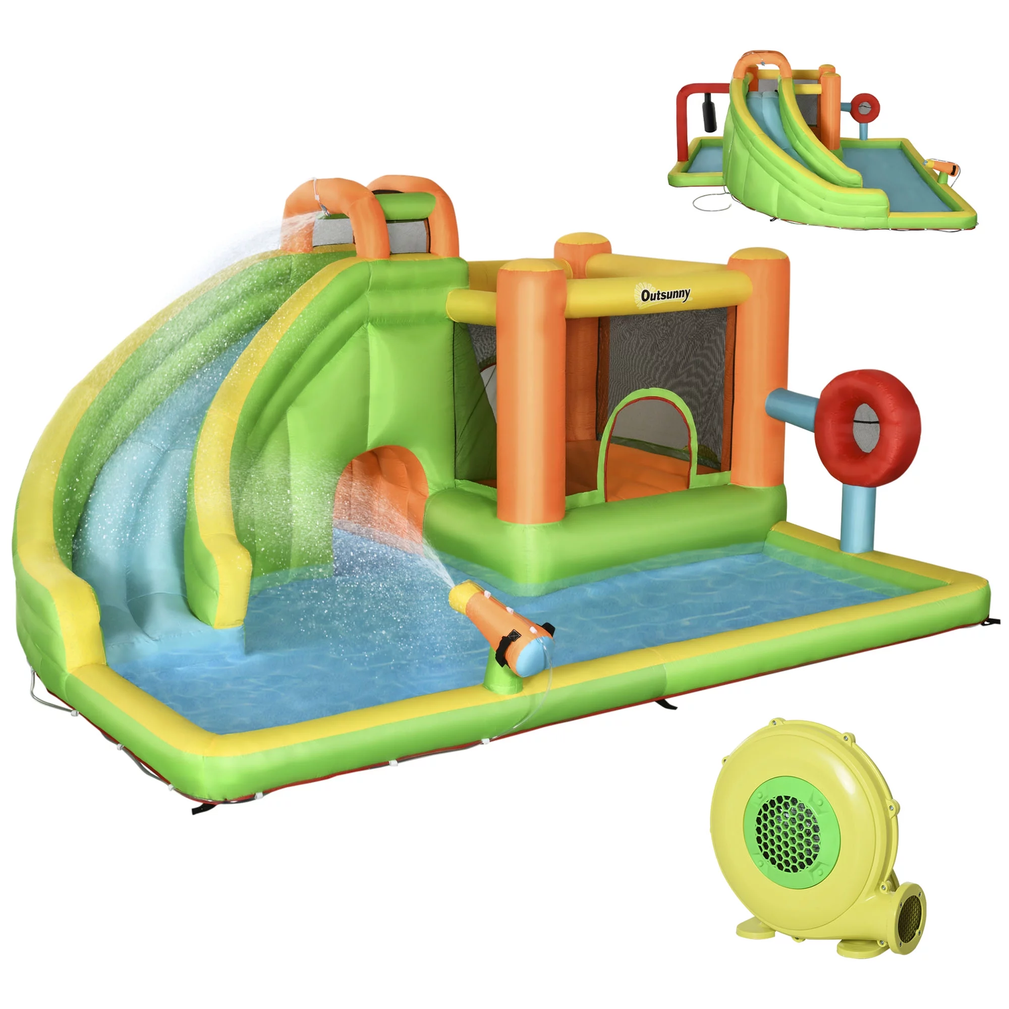 Outsunny 7-in-1 Inflatable Water Slide, Kids Castle Bounce House Includes Slide, trampoline, Pool, Water Cannon, Ball-target, Boxing Post