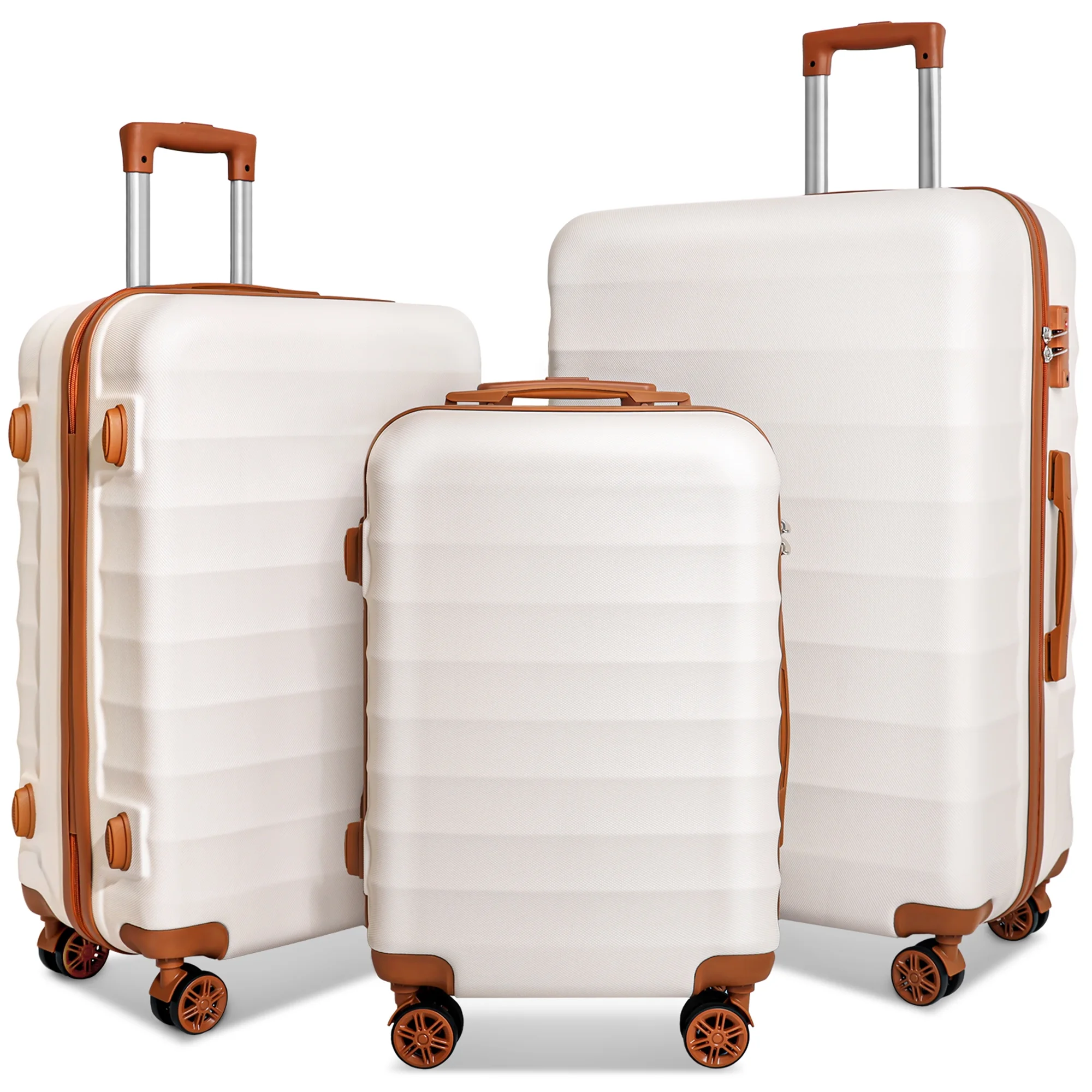 SUGIFT 3 Piece Expandable ABS Hardshell Luggage Sets Spinner Wheel Suitcase TSA Lock Suit Case, White+Brown, 20/24/28 Inch