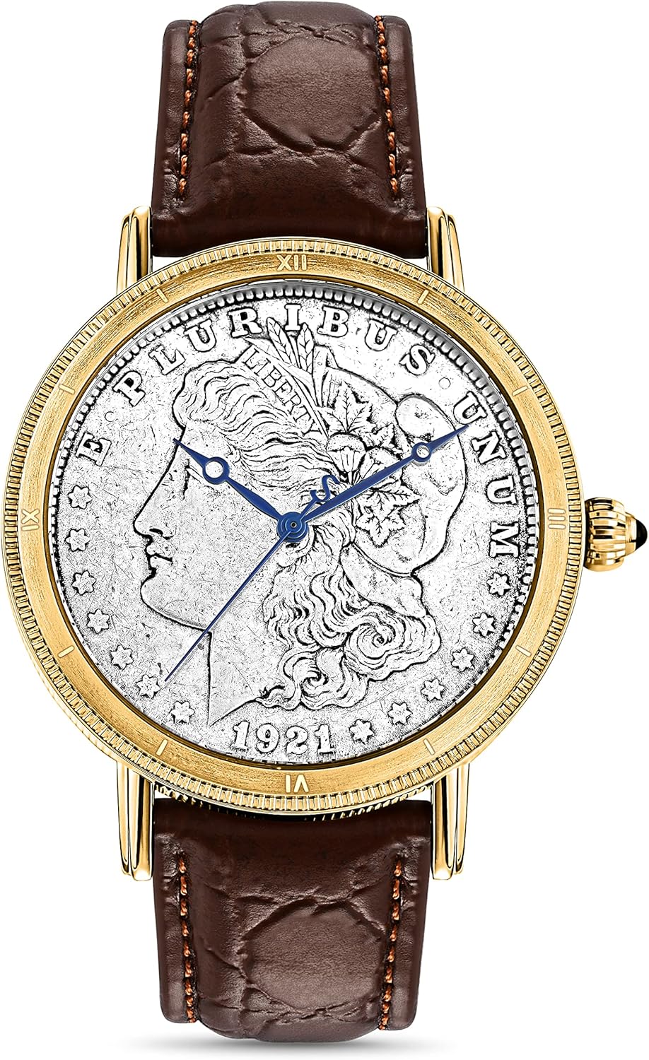 Stauer Morgan Silver Dollar Men's Wrist Watches – Mens Silver Watch Watches for Men w/Genuine Brown Crocodile-Grain Leather Band – Swiss Movement