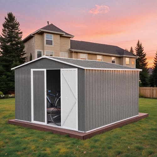10 x 8 FT Outdoor Storage Shed, Metal Garden Tool Shed with Slooping Roof, Lockable Doors and Aluminum Frames, Easy to Assemble for Garden, Patio