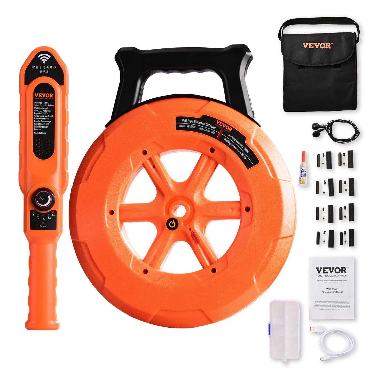 VEVOR Pipe Blockage Detector Locators 100ft/30m Waterproof for Pvc Plastic Metal