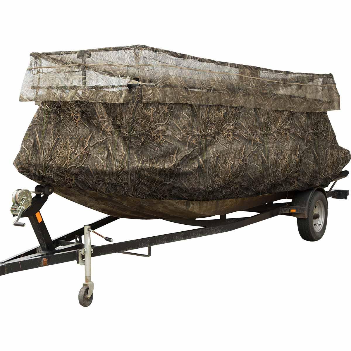 Drake Waterfowl Ghillie Boat Blind with No-Shadow Dual Action Top in Mossy Oak Habitat