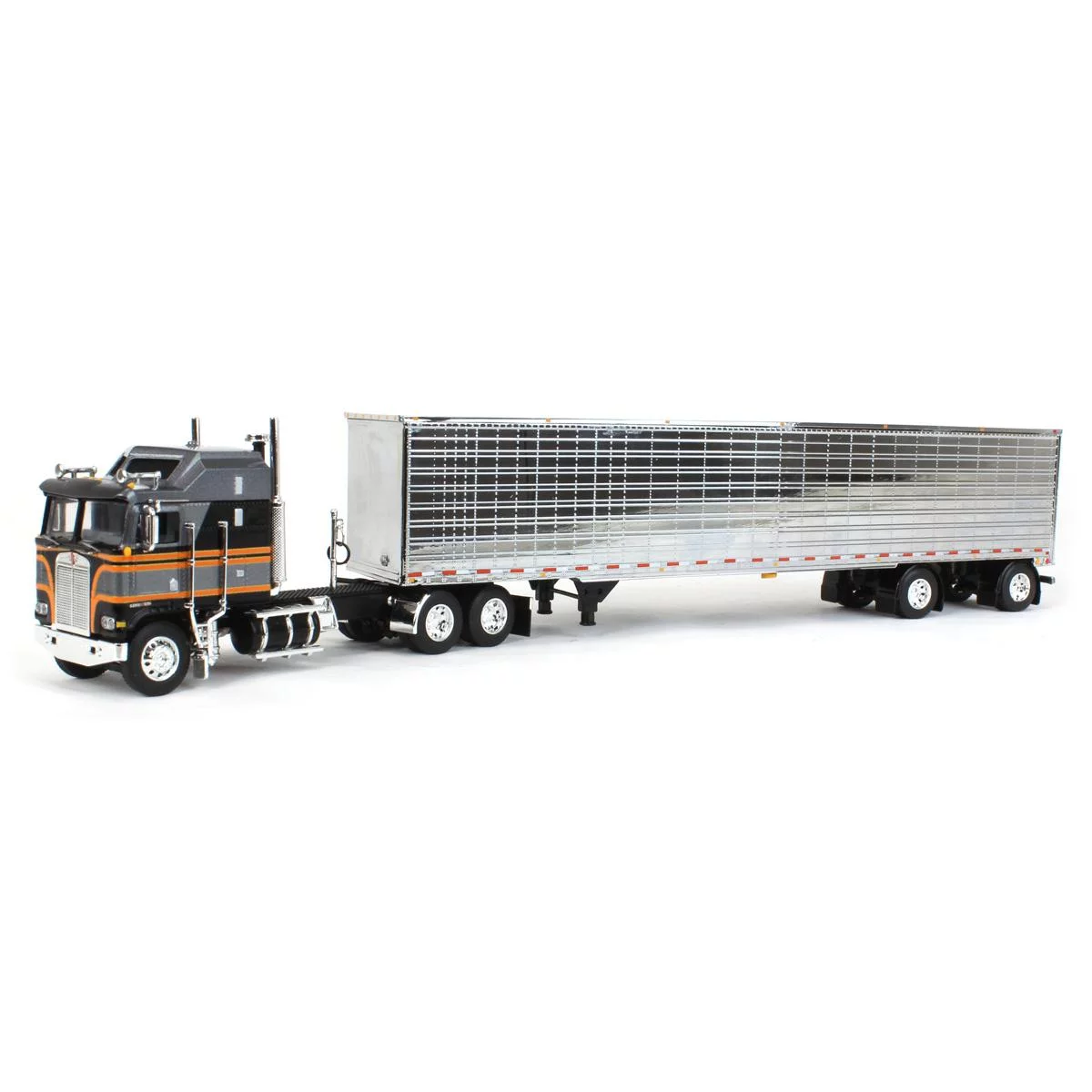 First Gear 1/64 Silver & Black Kenworth K100 Aerodyne Long Frame w/ Chrome Van Trailer, DCP by First Gear, 60-1559 - Curated Treasures Market