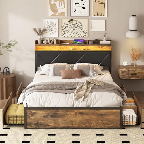 Queen Size Bed Frame with Headboard and Storage,4 Drawers Platform Bed Frame with Charging Station and LED Lights