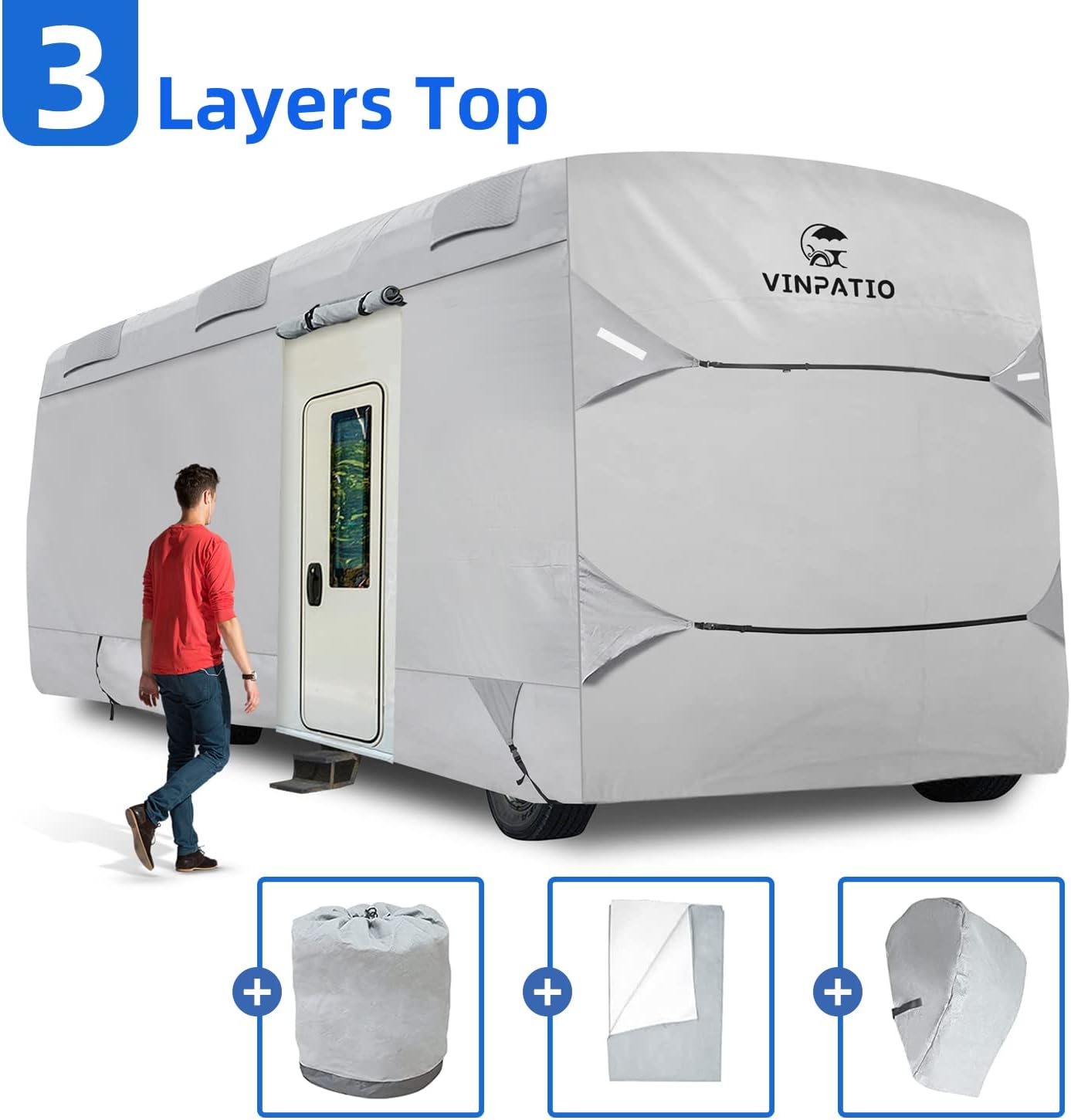 VINPATIO Class A RV Cover Thick 3 Layers Polypro Anti-UV Camper Cover Fits 37-40Ft Motorhome Breathable Waterproof Quick Drying, Grey
