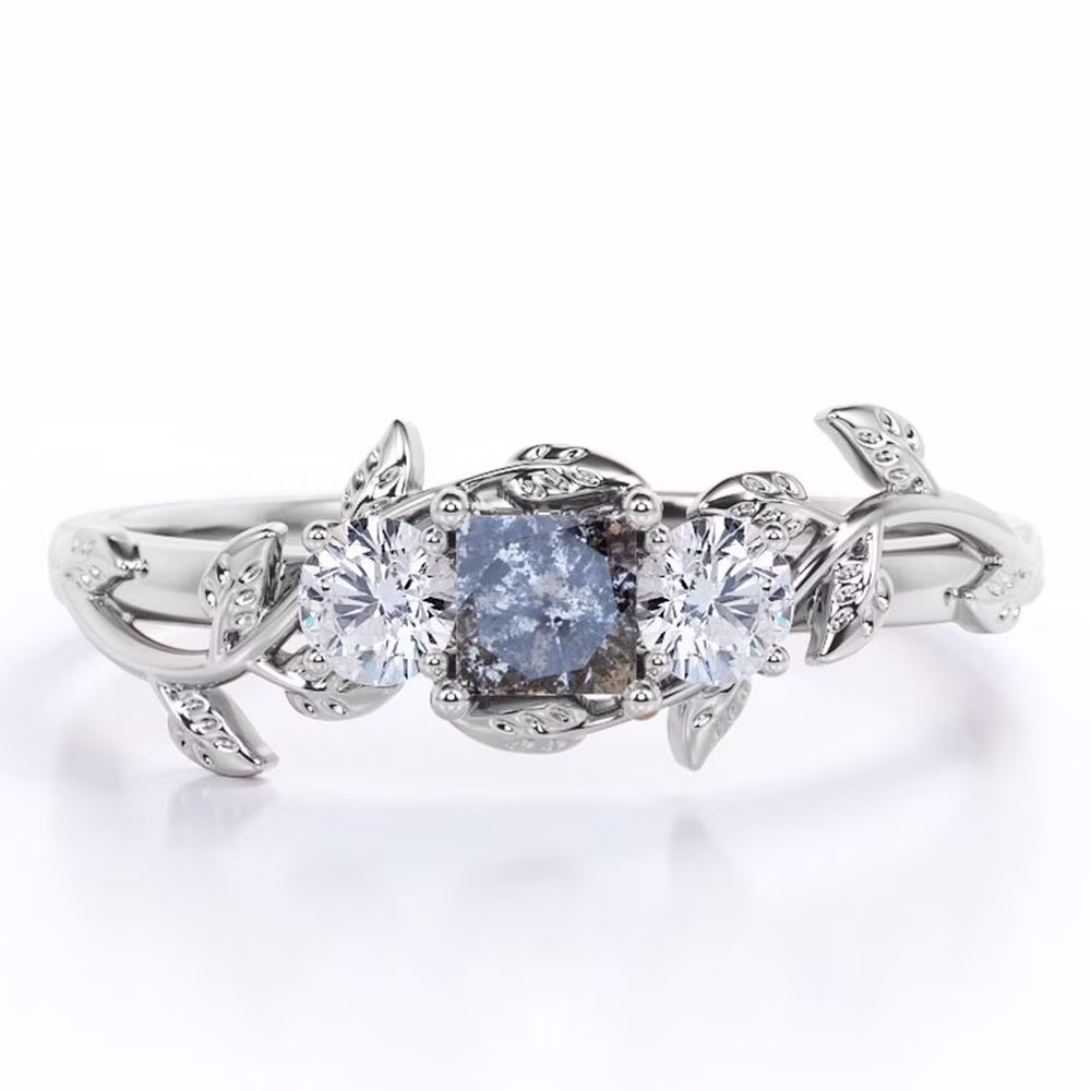 JeenMata Branch Leaf Design - 1 Carat Princess Cut Galaxy Gray Salt and Pepper Diamond with Moissanite - Three Stone Engagement Ring