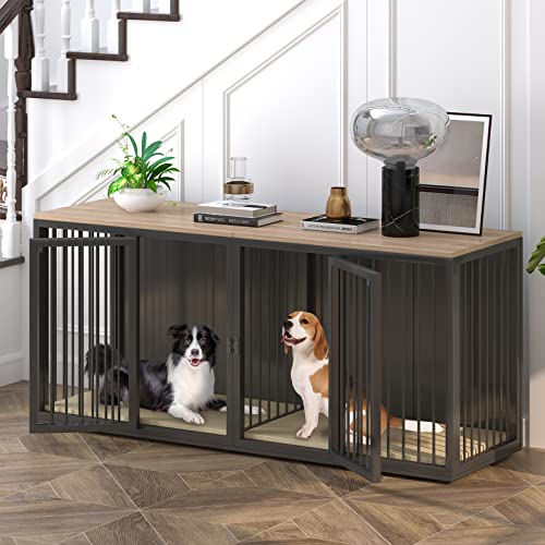 Large Dog Crate Furniture for 2 Dogs, 71.6'' All Steel Frame Dog Crate with Double Doors, Heavy Sturdy Dog Kennel for Small Medium Large Dog