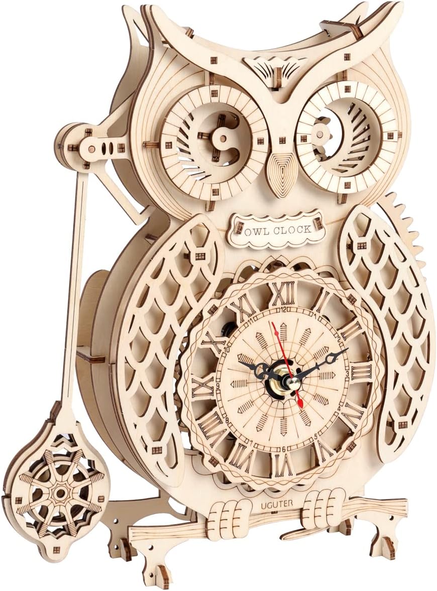 GuDoQi 3D Wooden Puzzle, Wooden Owl Clock with Side Pendulum, No Tick Sound, Mechanical Wood Clock Model Kits to Build, DIY Assembly Toy