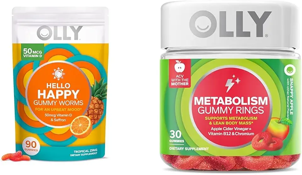 OLLY Hello Happy Gummy Worms, Mood Balance Support, Vitamin D, Saffron, Adult Chewable Supplement & Metabolism Gummy Rings, Apple Cider Vinegar