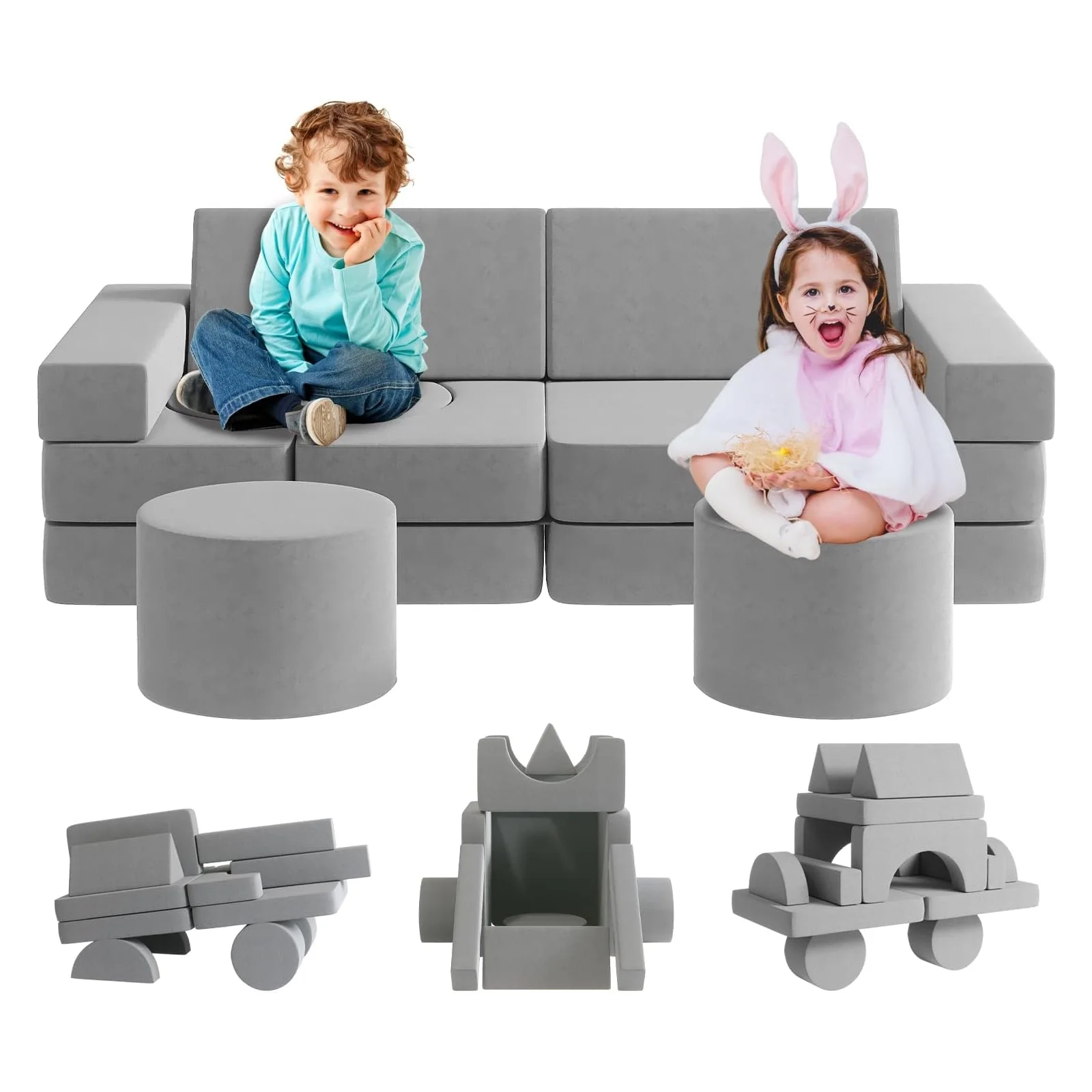 13Pcs Kids Couch, Wanan Toddler Couch Kids Sofa Couch, Kids Fold Out Couch for Playroom Bedroom, Modular Couch for Boys and Girls