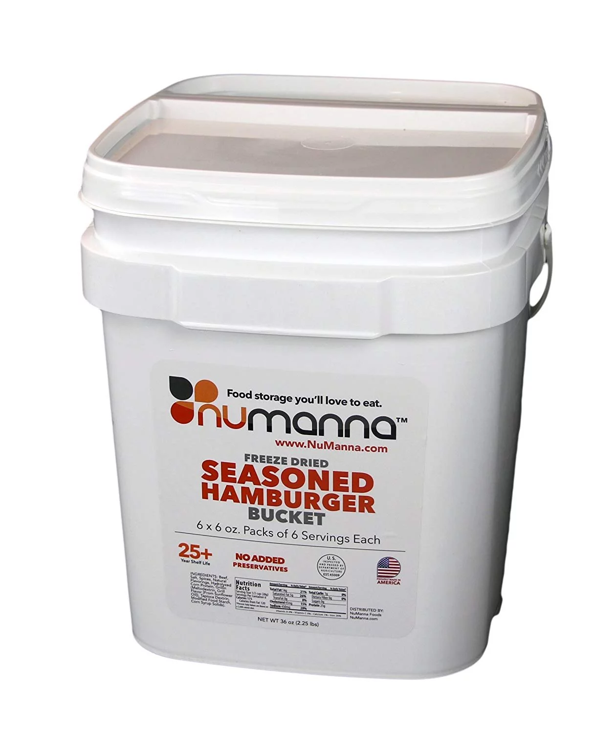 NuManna Seasoned Ground Beef Hamburger Bucket 36 Meals - Emergency Survival Food Storage Kit, Separate Rations, in a Bucket, 25 Plus Year Shelf Life