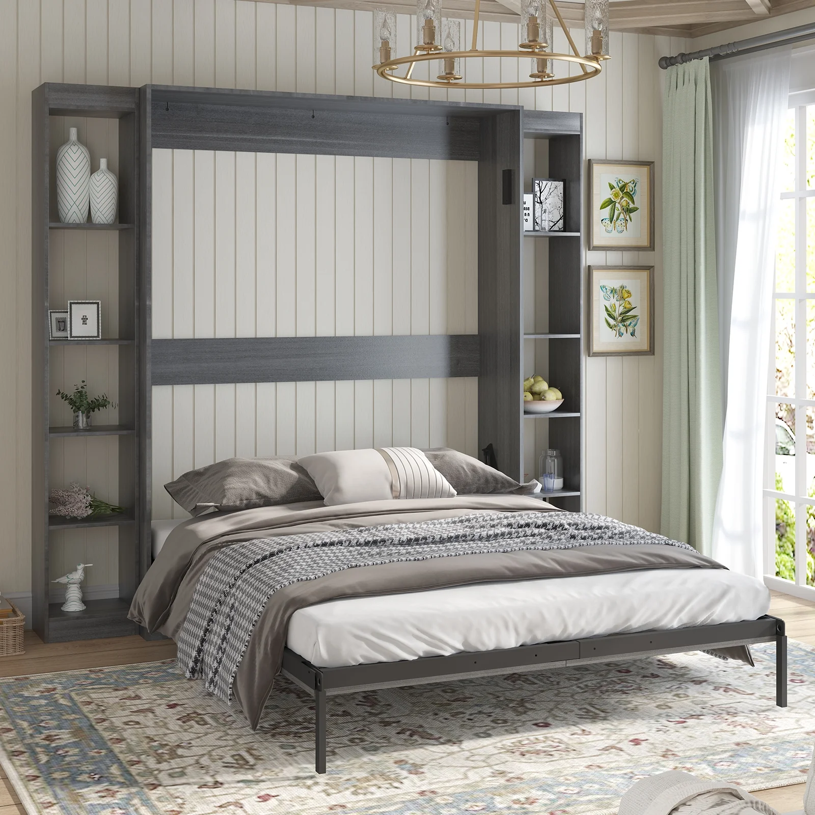 MUZZ Foldable Murphy Bed with 2 Sides Cabinet, Folding Wall Bed with Space Saving Design, Fold up Murphy Bed Cabinet for Storage