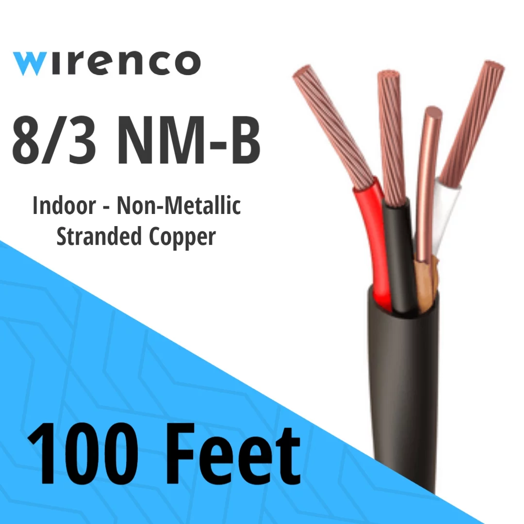 Wirenco 8/3 NM-B, Non-Metallic, Sheathed Cable, Residential Indoor Wire, Equivalent to Romex (100Ft Cut) - Curated Treasures Market