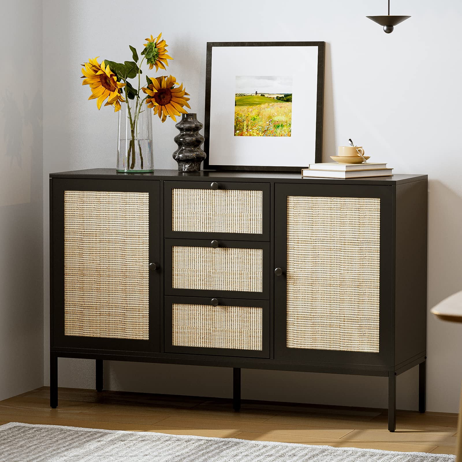 IKIFLY Rattan Sideboard Buffet Cabinet, Boho Rattan Storage Cabinet with 3 Drawers and 2 Doors, Accent Console Table Cabinet for Living Room, Kitchen