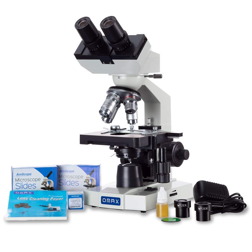 OMAX 40X-2000X LED Binocular Compound Lab Microscope w/ Double Layer Mechanical Stage + Blank Slides, Cover Slips, & Lens Cleaning Paper