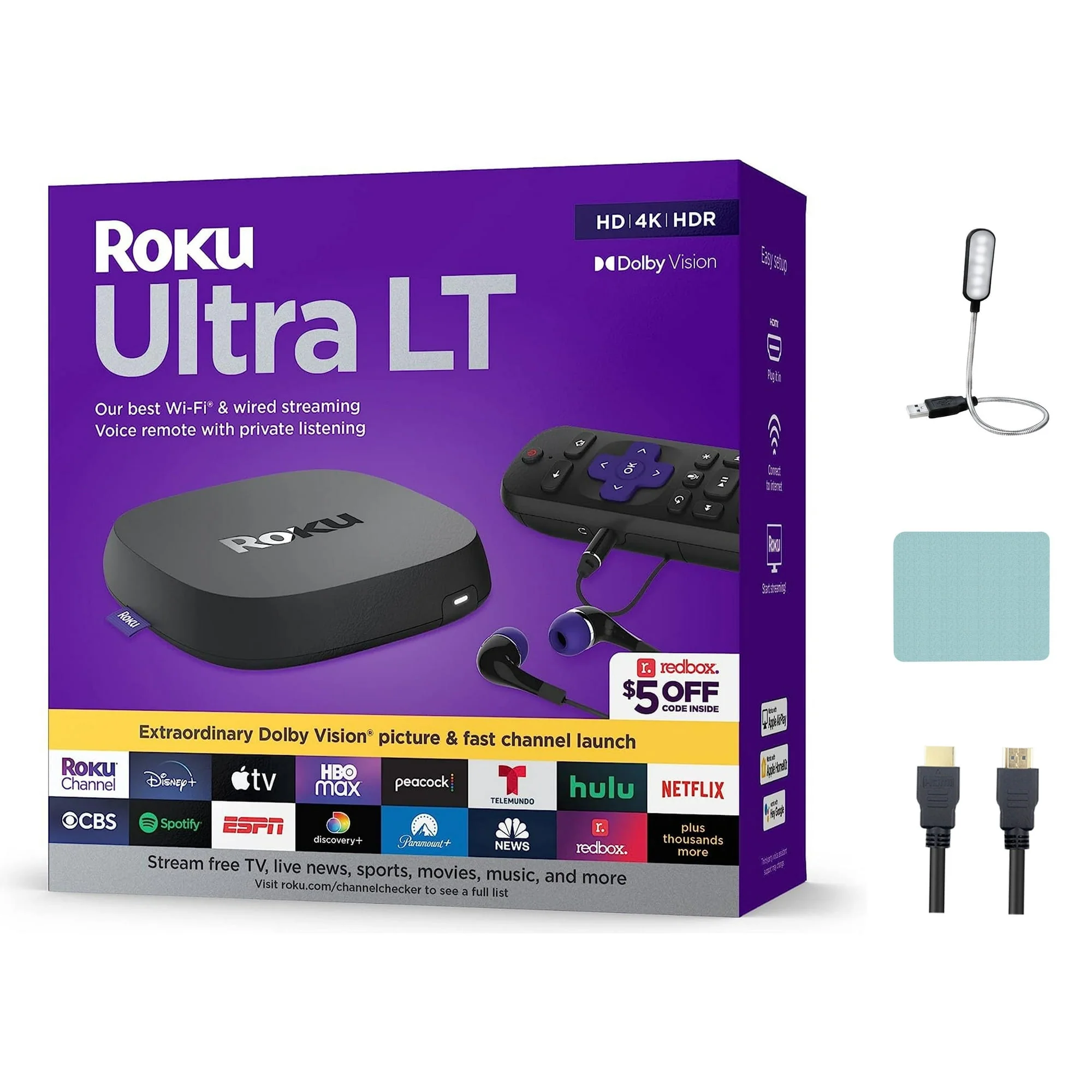 Restored Roku Ultra LT Streaming Device 4K/HDR/Dolby Vision/Dual-Band Wi-Fi® with Roku Voice Remote and HDMI Cable (Refurbished)