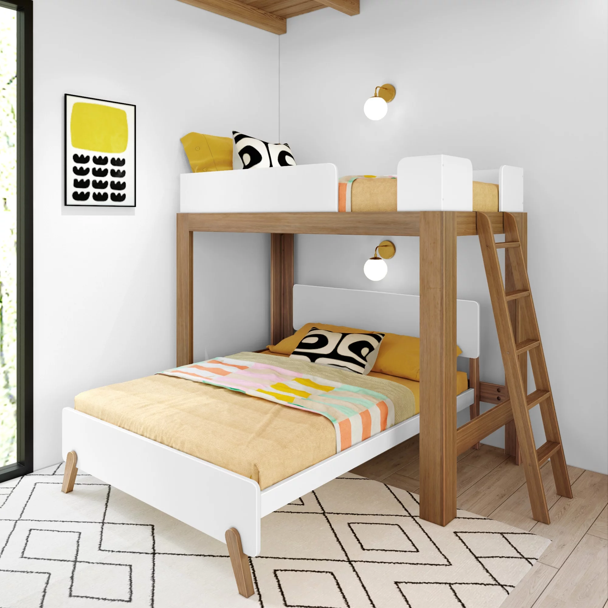 Max & Lily Twin over Full L-Shaped Bunk Bed, Mid-Century Modern Bunk Solid Wood Bunk for Kids, White/Pecan
