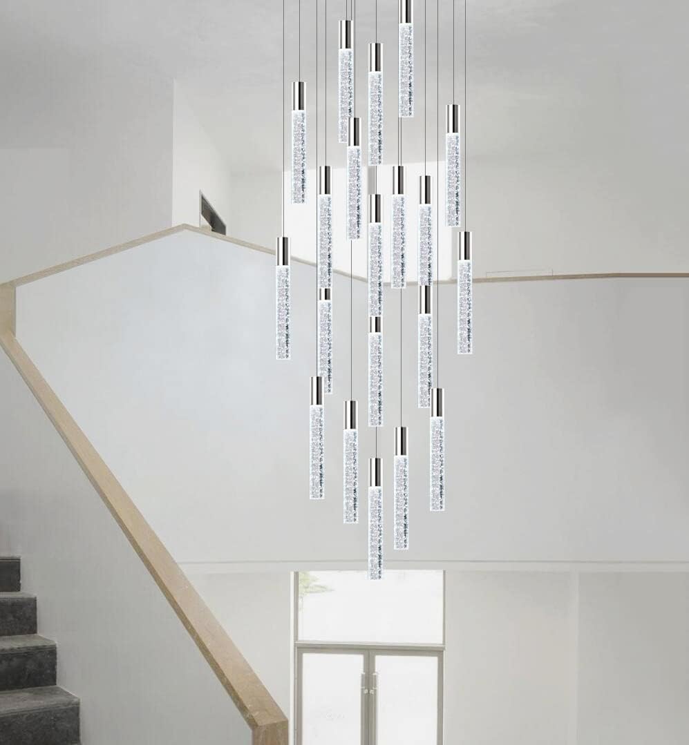 H118 24-Lights High Ceiling Chandelier Silver Chrome Light Modern Dimmable Light Fixtures Foyer Chandelier Light Pendant Lighting Ceiling Crytstal
