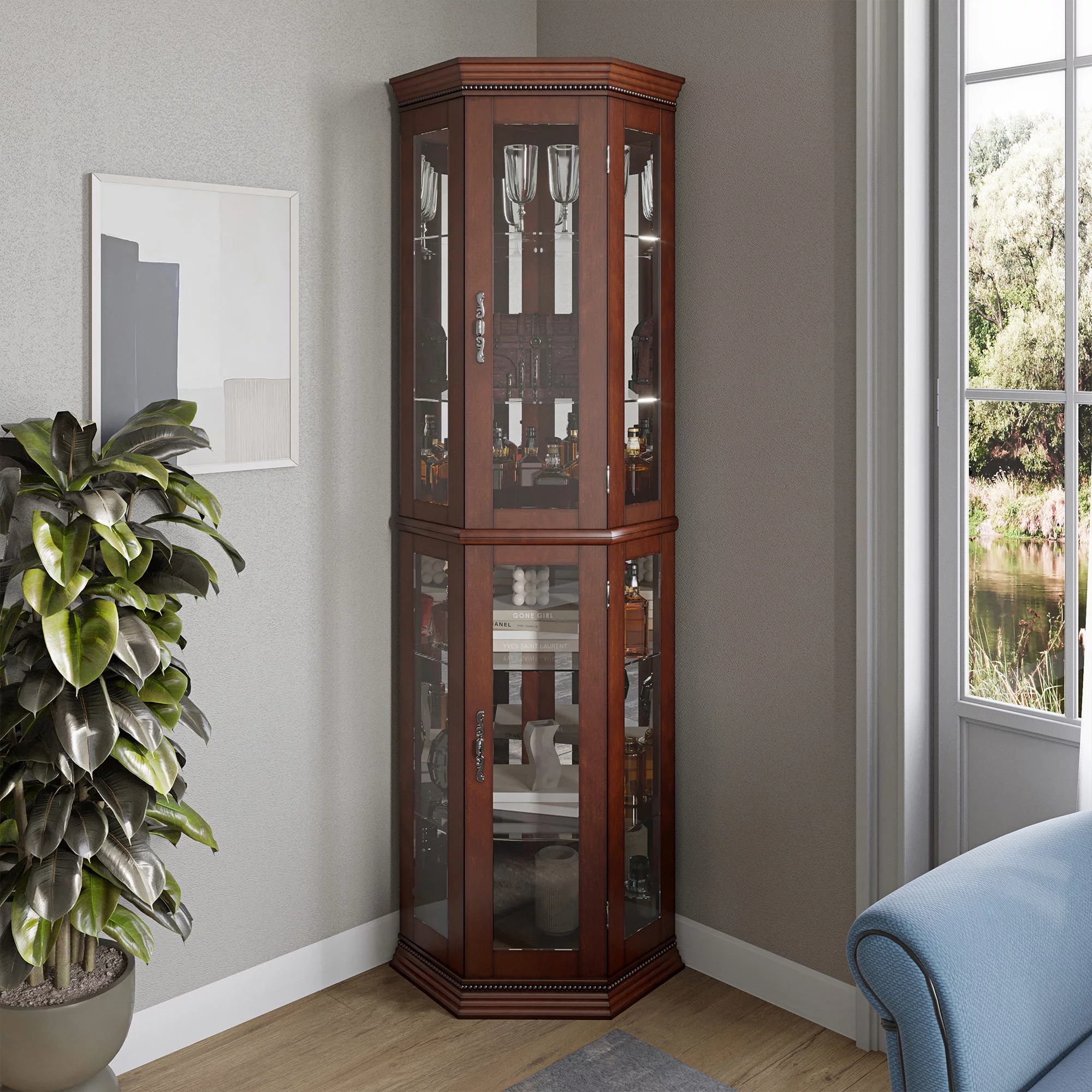 BELLEZE Lorona Floor Standing 5 Sided Lighted Corner Curio Cabinet, Walnut - Radiant Selections