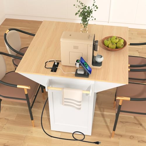 Rolling Kitchen Island with 2 Drop Leaf and Power Outlet, Island Table on Wheels with Towel Rack and Spice Rack