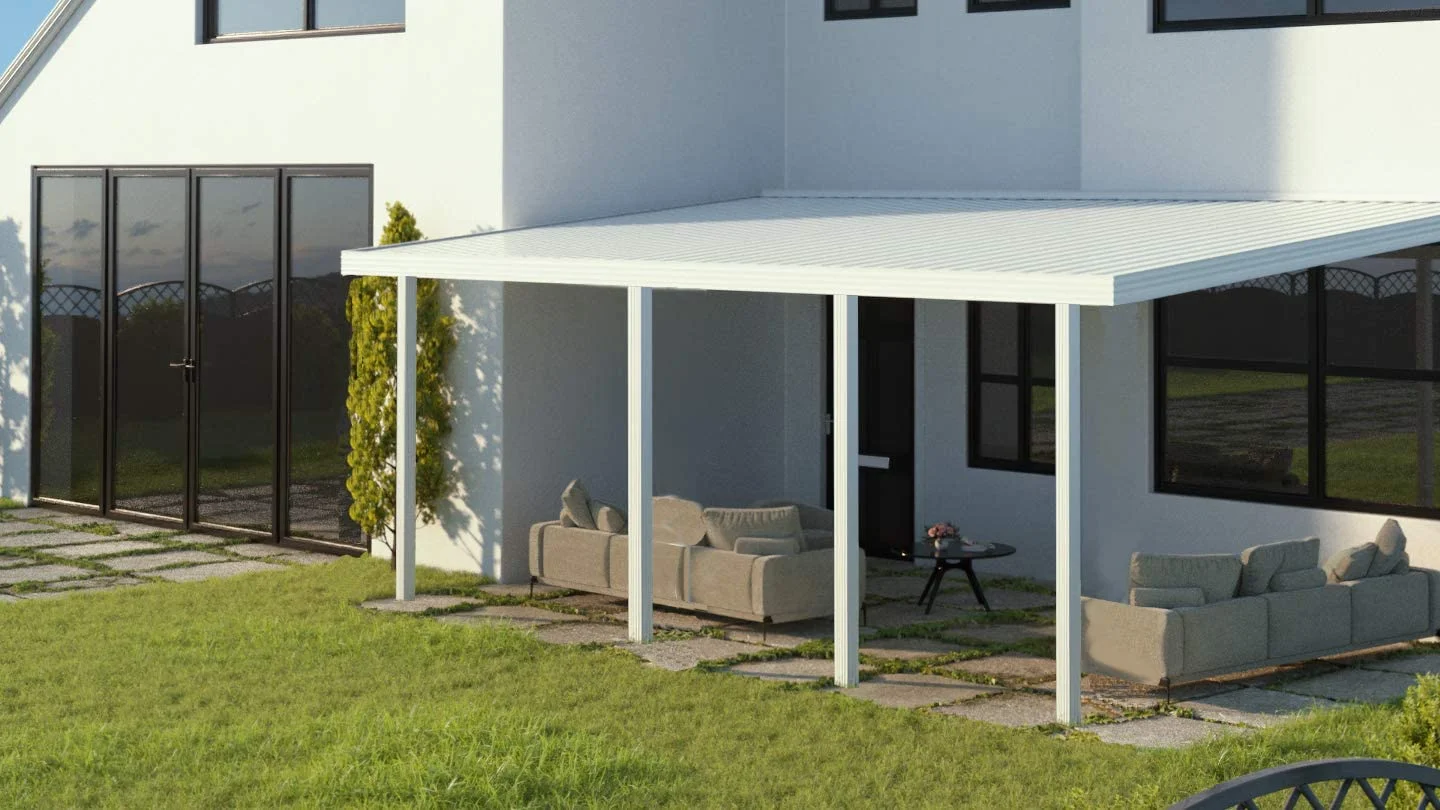 Four Seasons OLS Optima 22 ft wide x 12 ft deep Aluminum Patio Cover with 40lb Snowload & 4 Posts in White - Curated Treasures Market