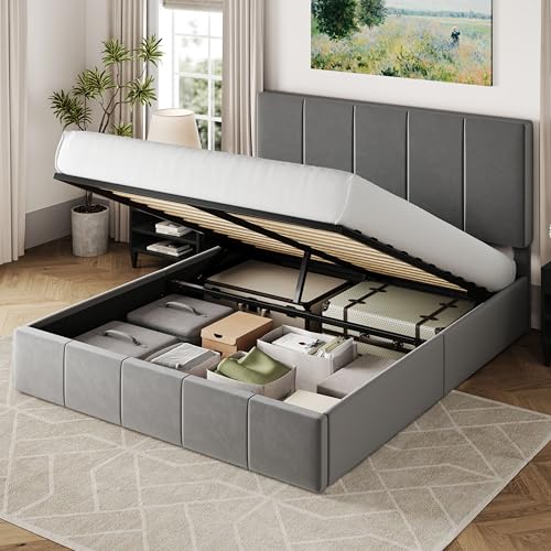 Allewie Queen Size Velvet Lift Up Storage Bed Frame, Vertical Channel Tufted Headboard, Hydrualic Underneath Storage, Upholstered Platform Bed