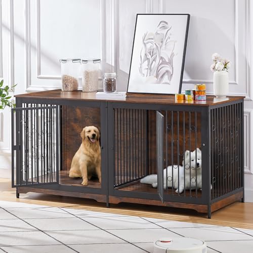 71'' Dog Crate Furniture for 2 Large Medium Dogs, XXL Wooden Indoor Double Crate Kennel Cage Large Breed with Door, TV Stand End Table with Divider