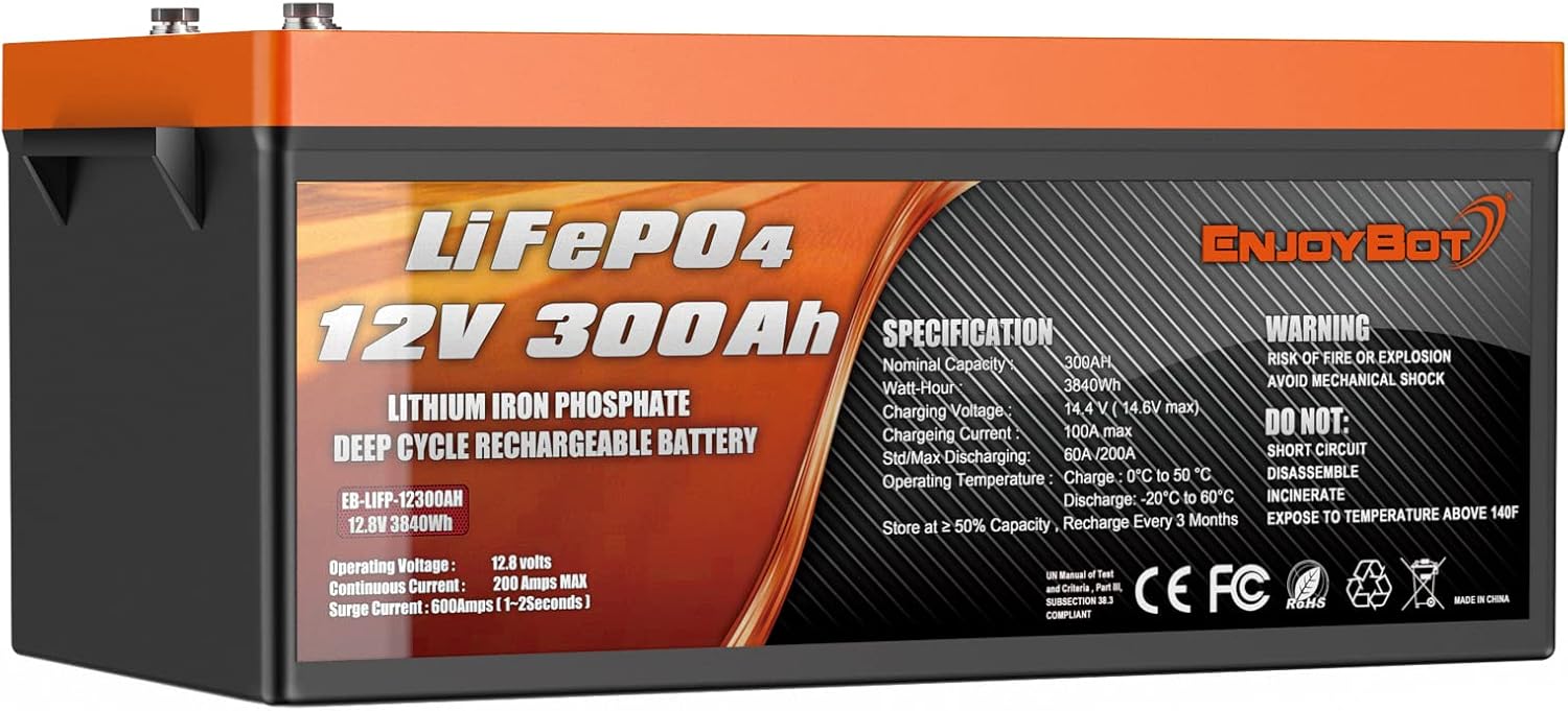 Enjoybot Deep Cycle Battery LiFePO4 12V 300Ah, Built-in 200A BMS, Lithium Iron Phosphate Battery for Solar RV Marine Camping