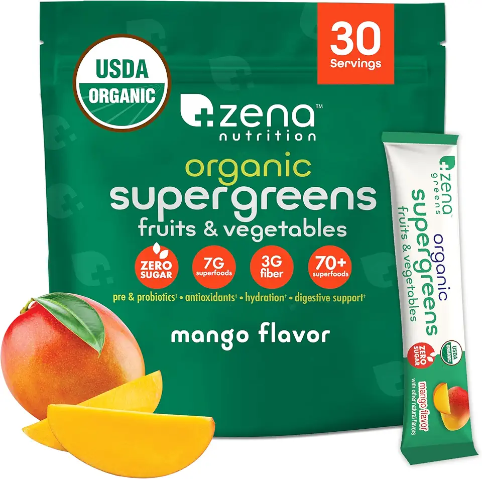 Sponsored Ad - Zena Nutrition Organic Supergreens Greens Powder, 70+ Superfoods, 0 Sugar, 3G Fiber, Spirulina, Chlorella, Antioxidants